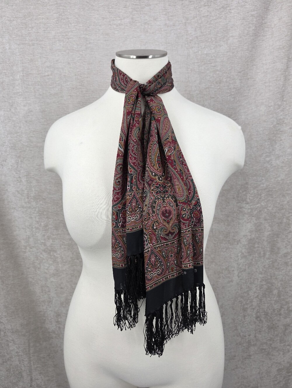 Echo Vintage Long Silk Scarf in Deep Red Green with Black Fringe
